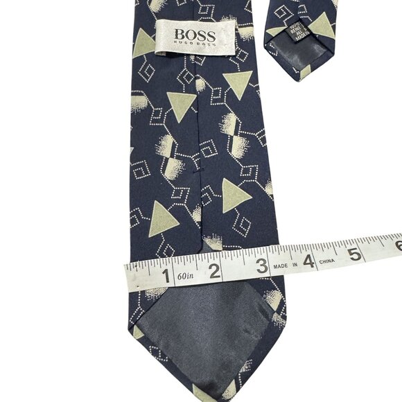 Boss Hugo Boss Mens Navy Blue 100% Silk Geometric Triangle Pattern Size 57" - Picture 4 of 5